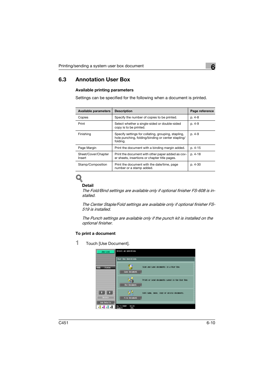 3 annotation user box, Available printing parameters, To print a document | Annotation user box -10, P. 6-10 | Konica Minolta bizhub C451 User Manual | Page 270 / 354