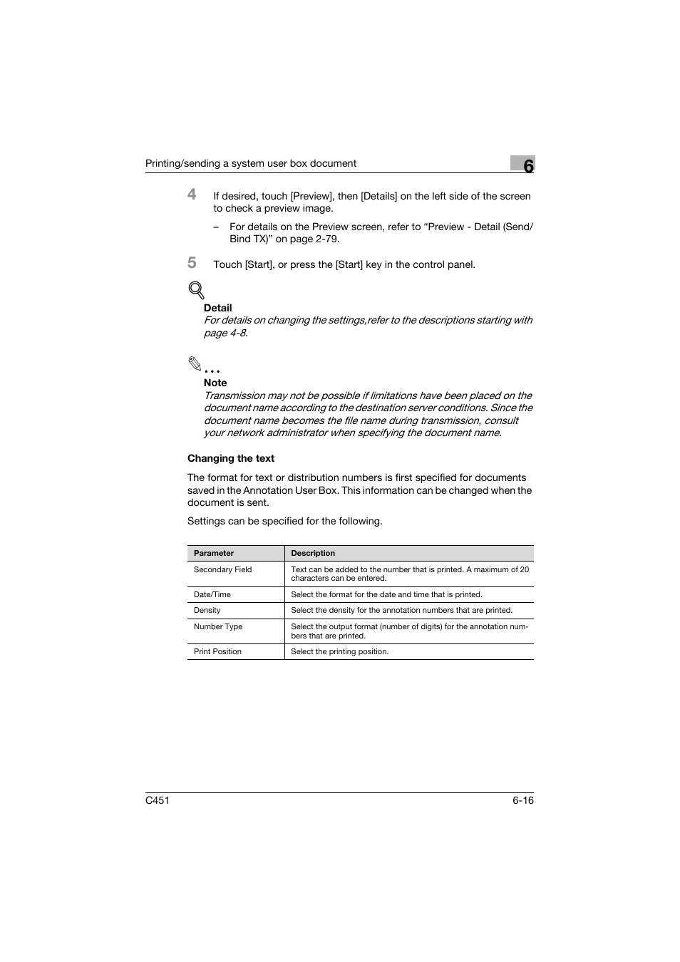 Changing the text, Changing the text -16, P. 6-16 | Konica Minolta bizhub C451 User Manual | Page 276 / 354