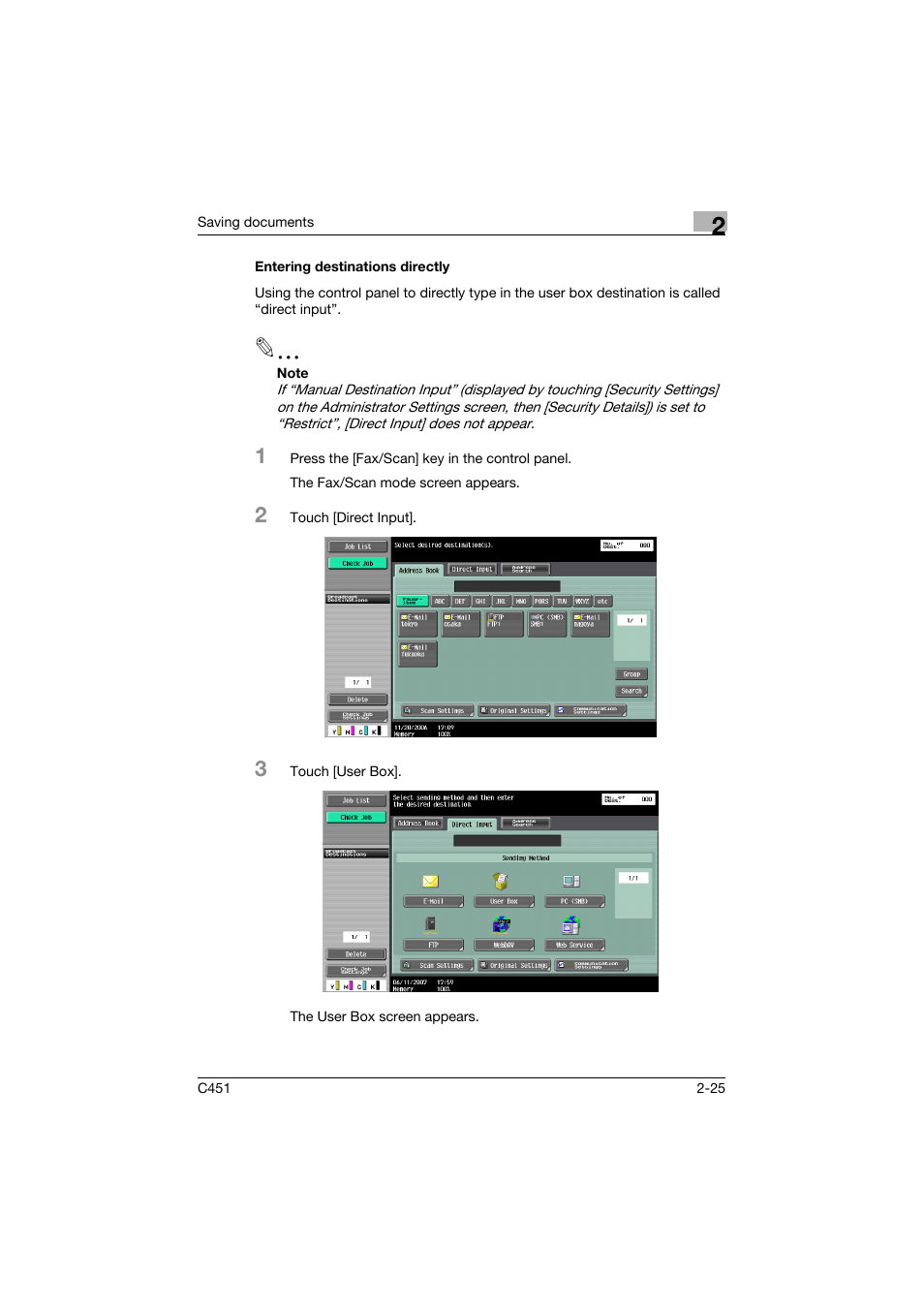 Entering destinations directly, Entering destinations directly -25 | Konica Minolta bizhub C451 User Manual | Page 60 / 354