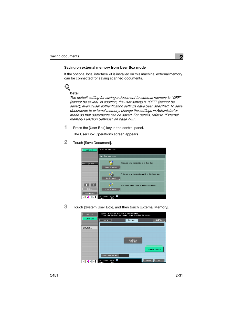 Saving on external memory from user box mode, Saving on external memory from user box mode -31 | Konica Minolta bizhub C451 User Manual | Page 66 / 354