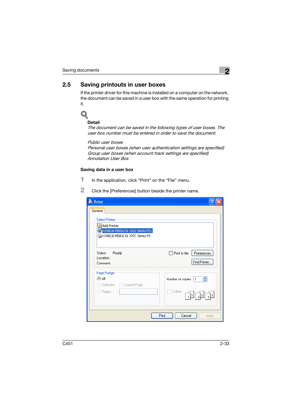 5 saving printouts in user boxes, Saving data in a user box, Saving printouts in user boxes -33 | Saving data in a user box -33 | Konica Minolta bizhub C451 User Manual | Page 68 / 354