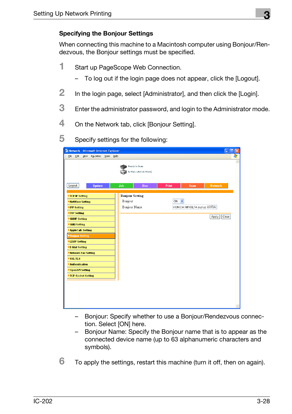 Specifying the bonjour settings -28 | Konica Minolta bizhub 750 User Manual | Page 102 / 420