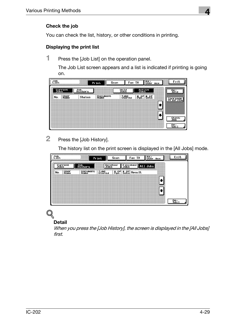 Check the job -29 displaying the print list -29 | Konica Minolta bizhub 750 User Manual | Page 134 / 420