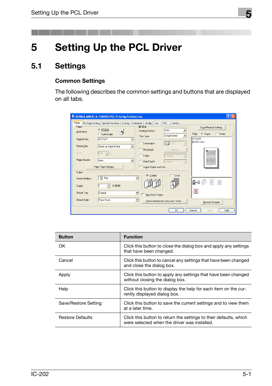 5 setting up the pcl driver, 1 settings, Setting up the pcl driver | Settings -1, Common settings -1, 5setting up the pcl driver | Konica Minolta bizhub 750 User Manual | Page 136 / 420