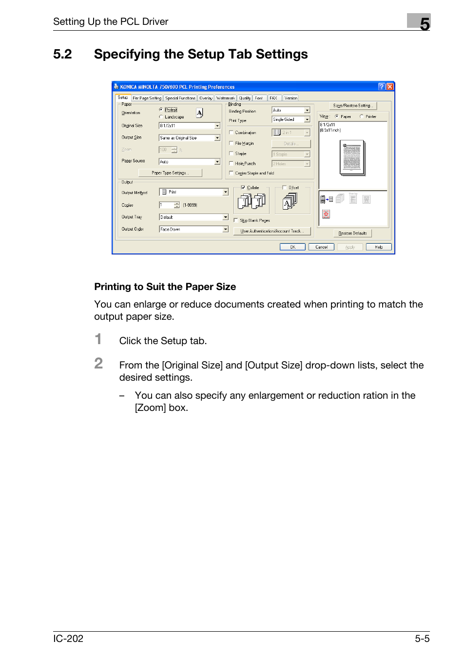 2 specifying the setup tab settings, Specifying the setup tab settings -5, Printing to suit the paper size -5 | Konica Minolta bizhub 750 User Manual | Page 140 / 420