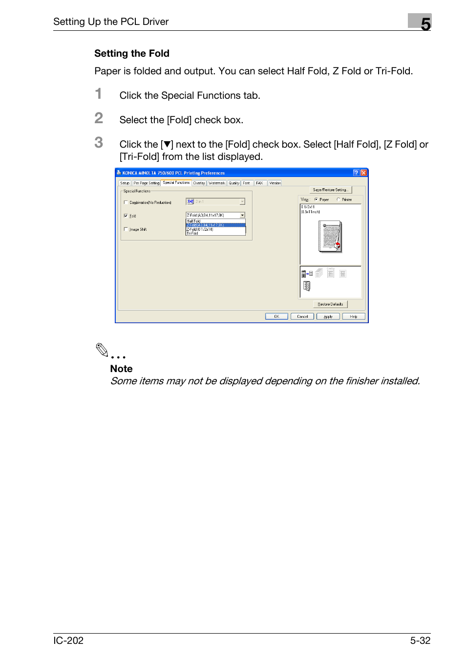 Setting the fold -32 | Konica Minolta bizhub 750 User Manual | Page 167 / 420