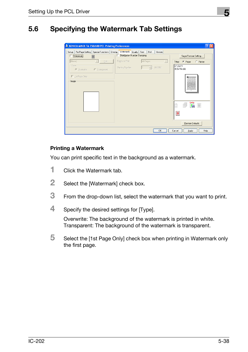 6 specifying the watermark tab settings, Specifying the watermark tab settings -38, Printing a watermark -38 | Konica Minolta bizhub 750 User Manual | Page 173 / 420