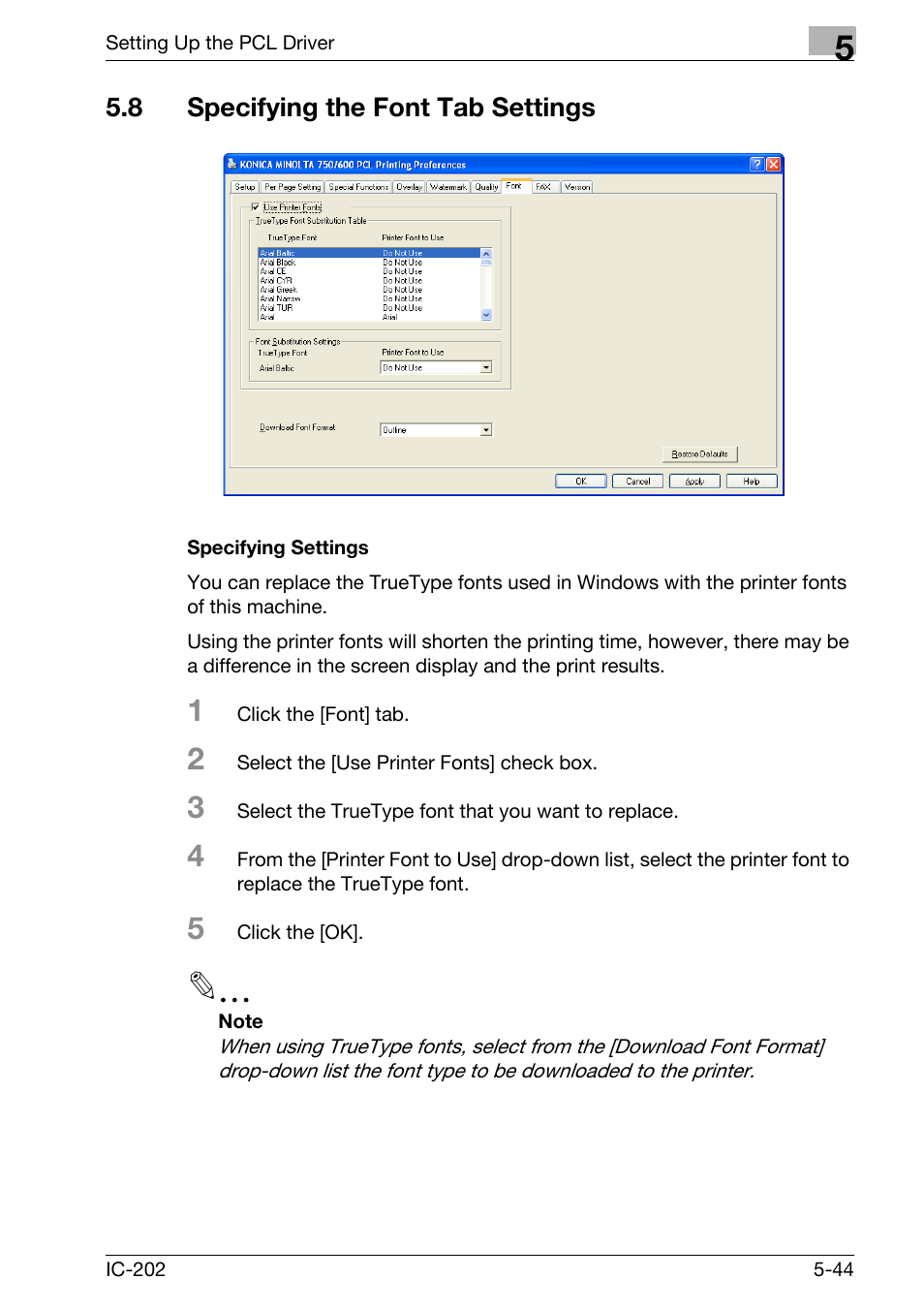 8 specifying the font tab settings, Specifying the font tab settings -44, Specifying settings -44 | Konica Minolta bizhub 750 User Manual | Page 179 / 420