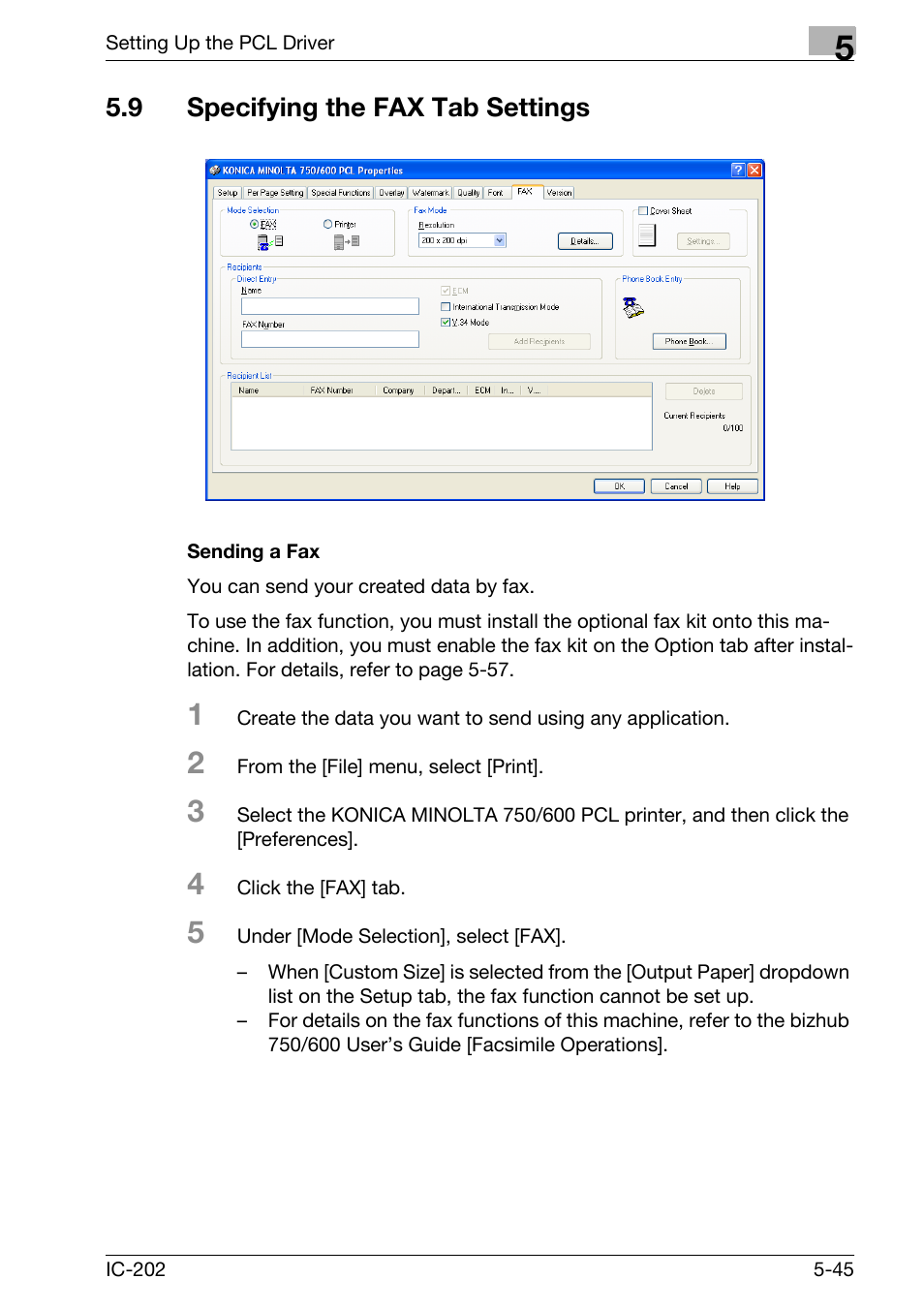 9 specifying the fax tab settings, Specifying the fax tab settings -45, Sending a fax -45 | Konica Minolta bizhub 750 User Manual | Page 180 / 420