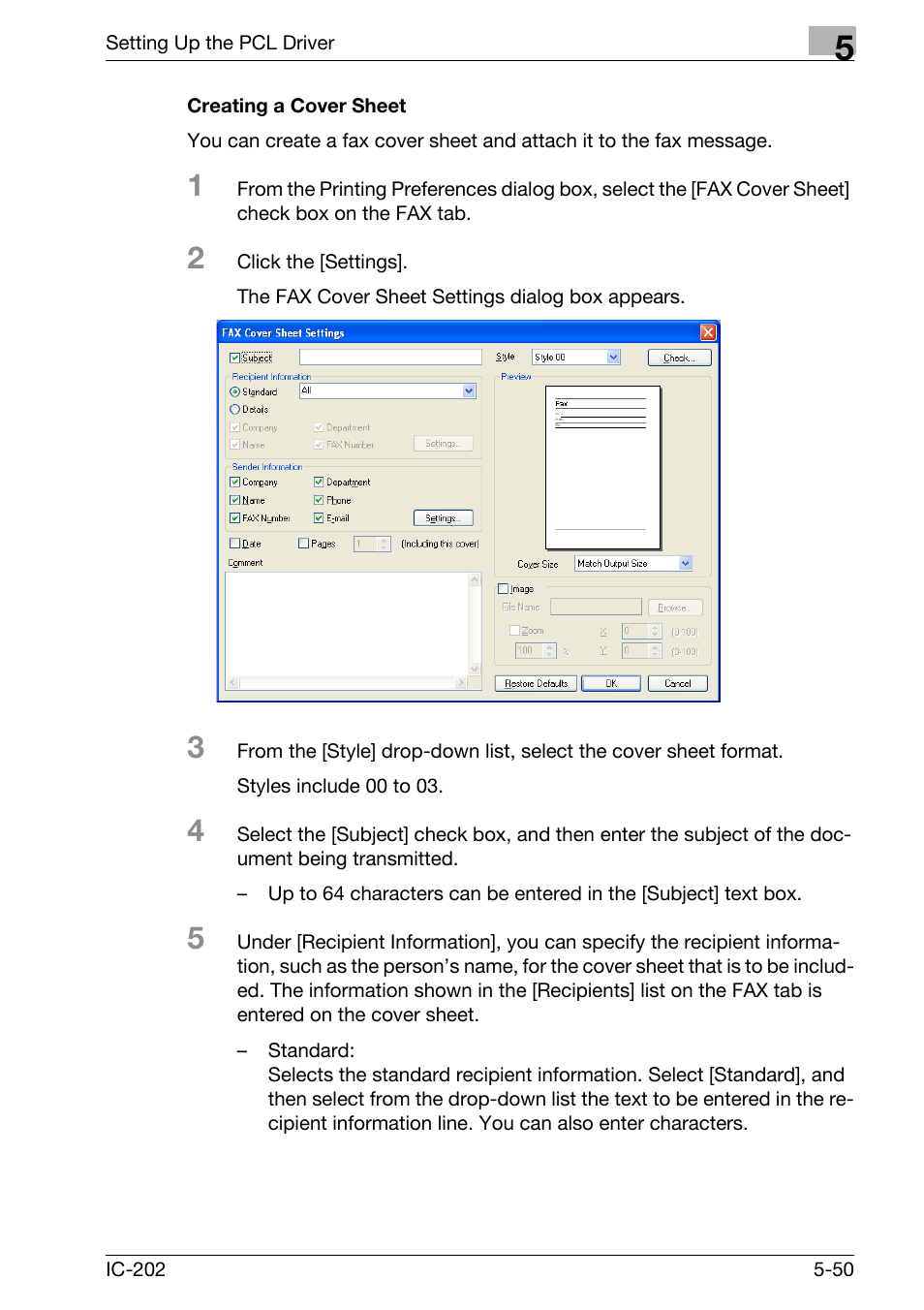 Creating a cover sheet -50 | Konica Minolta bizhub 750 User Manual | Page 185 / 420