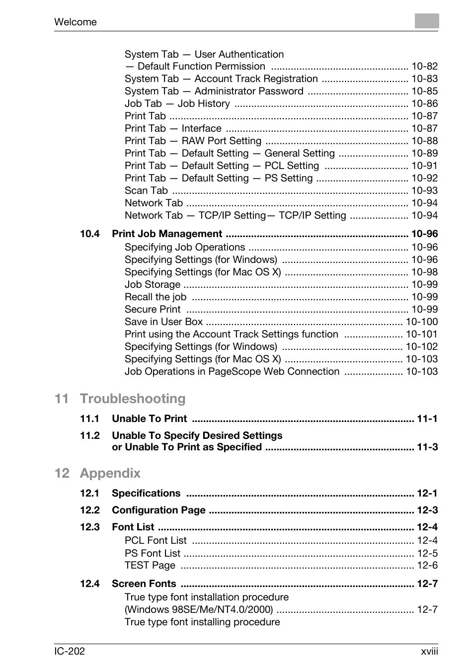 11 troubleshooting, 12 appendix | Konica Minolta bizhub 750 User Manual | Page 19 / 420