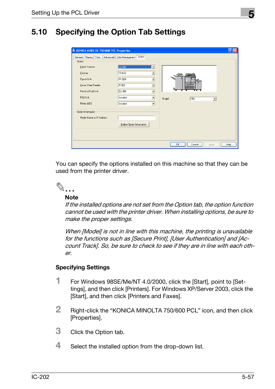 10 specifying the option tab settings, Specifying the option tab settings -57, Specifying settings -57 | Konica Minolta bizhub 750 User Manual | Page 192 / 420