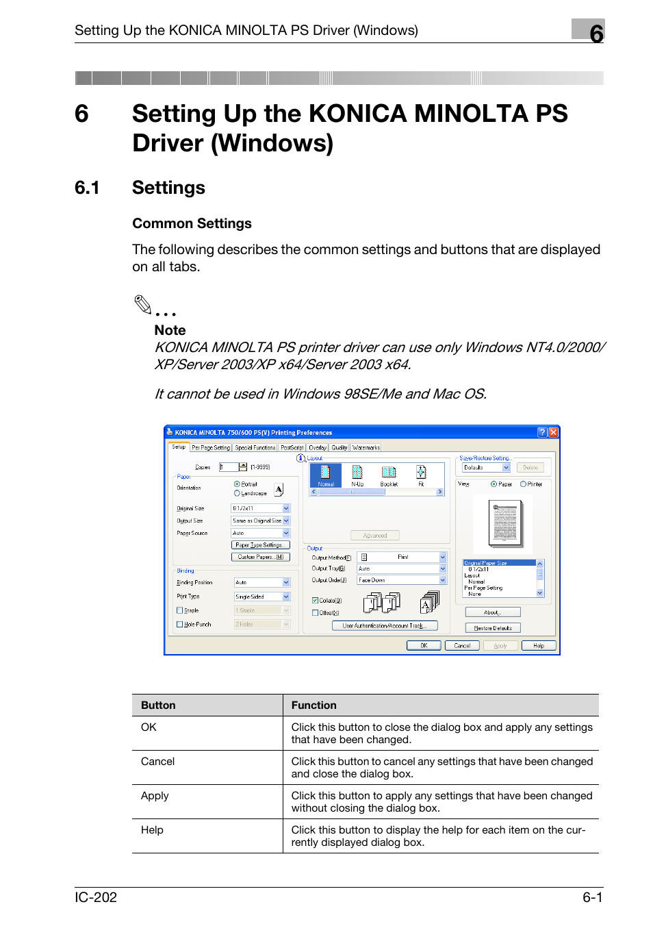 1 settings, Setting up the konica minolta ps driver (windows), Settings -1 | Common settings -1, 6setting up the konica minolta ps driver (windows) | Konica Minolta bizhub 750 User Manual | Page 197 / 420