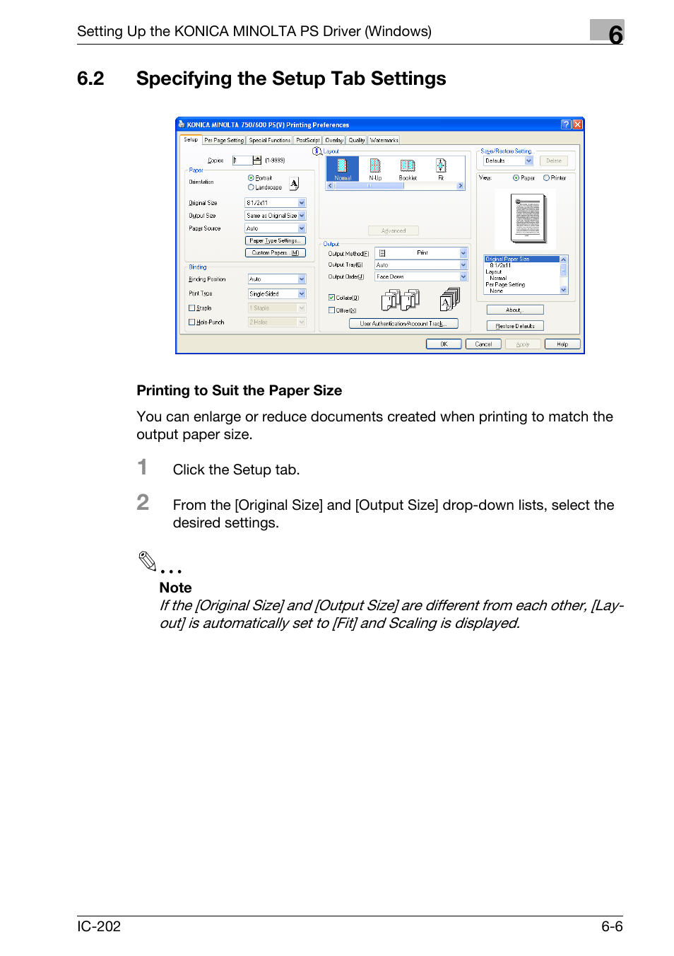 2 specifying the setup tab settings, Specifying the setup tab settings -6, Printing to suit the paper size -6 | Konica Minolta bizhub 750 User Manual | Page 202 / 420