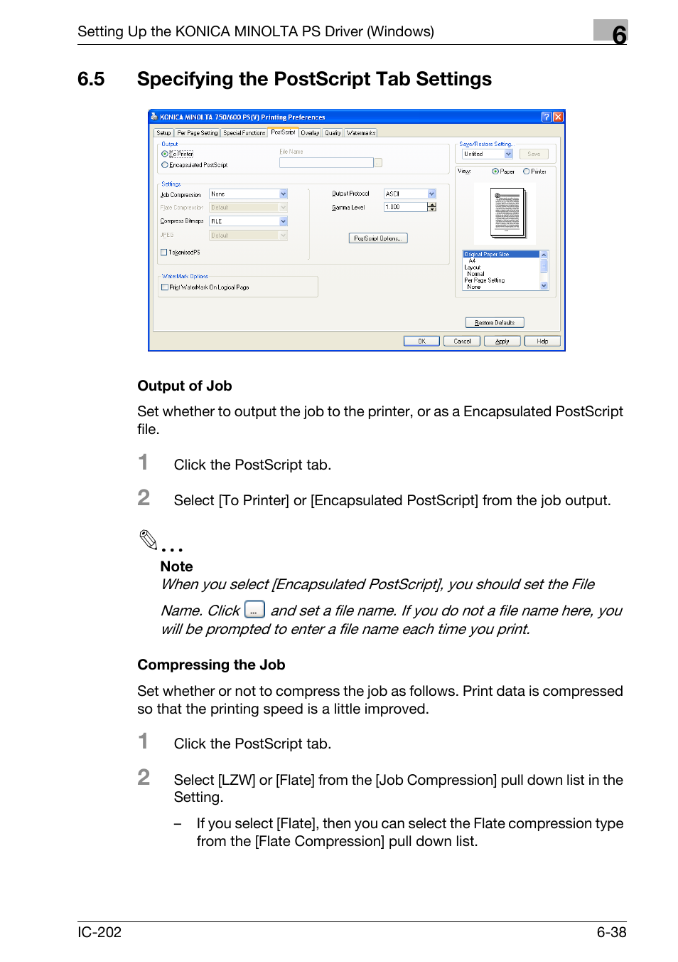 5 specifying the postscript tab settings, Specifying the postscript tab settings -38, Output of job -38 compressing the job -38 | Konica Minolta bizhub 750 User Manual | Page 234 / 420