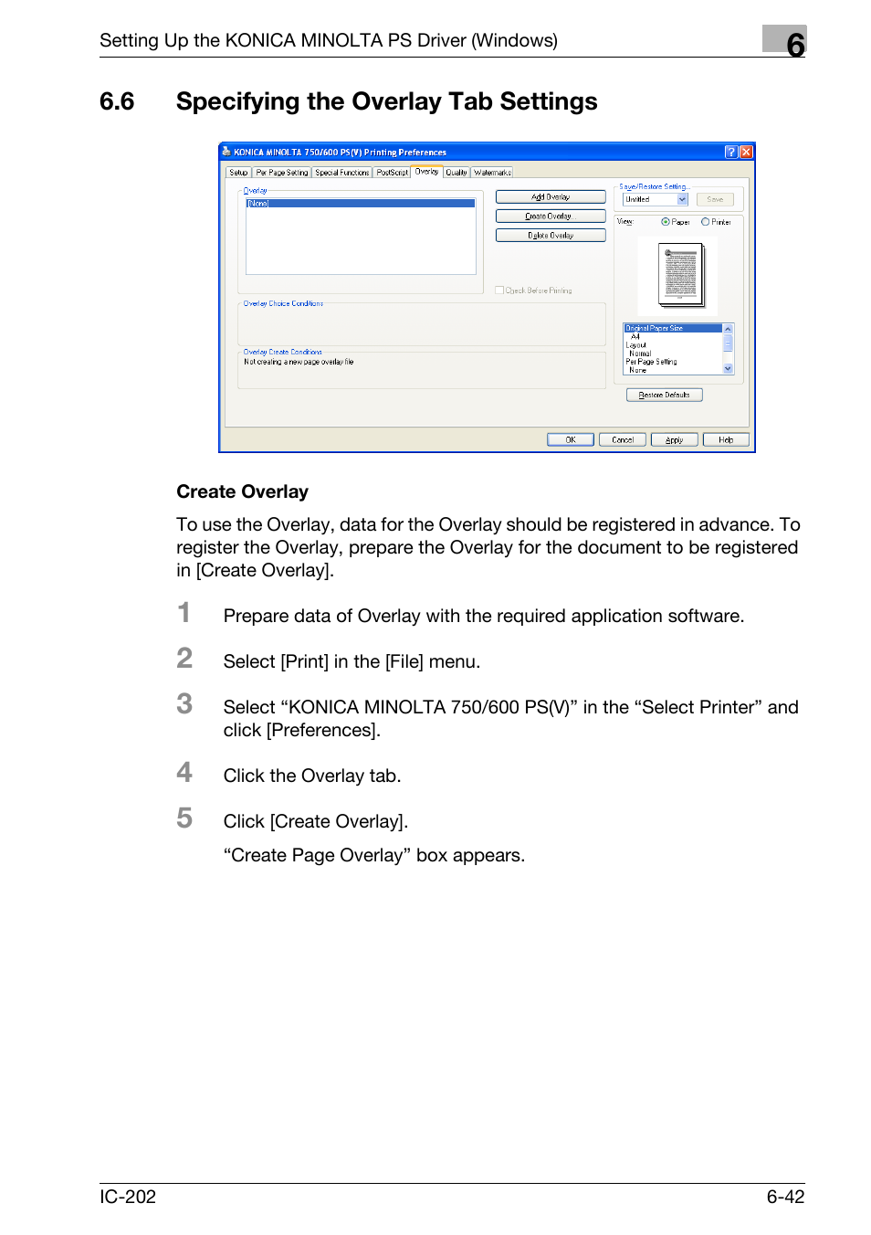 6 specifying the overlay tab settings, Specifying the overlay tab settings -42, Create overlay -42 | Konica Minolta bizhub 750 User Manual | Page 238 / 420