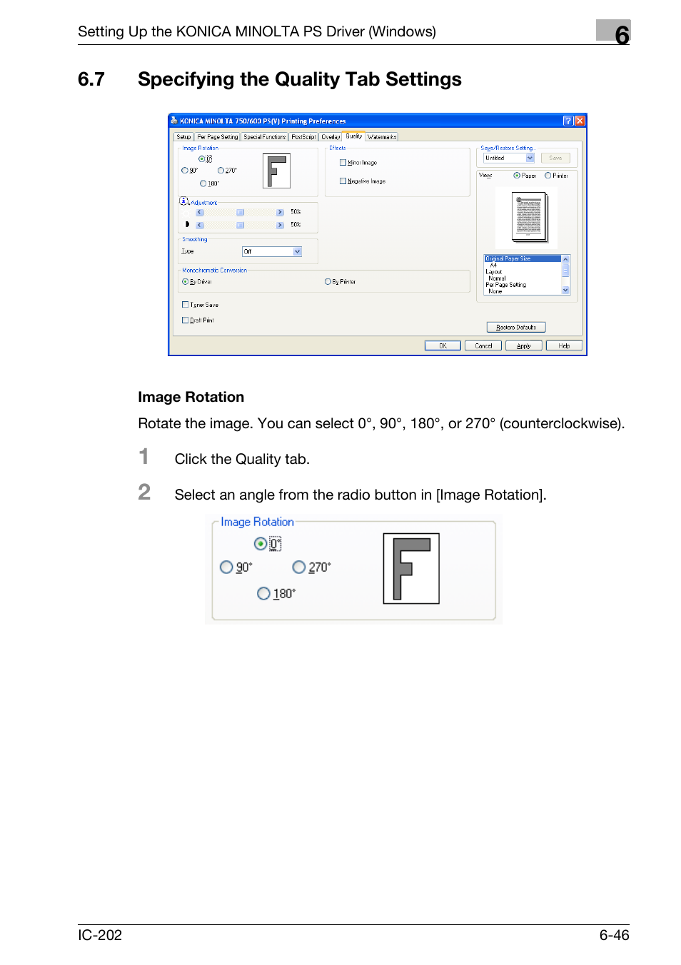 7 specifying the quality tab settings, Specifying the quality tab settings -46, Image rotation -46 | Konica Minolta bizhub 750 User Manual | Page 242 / 420