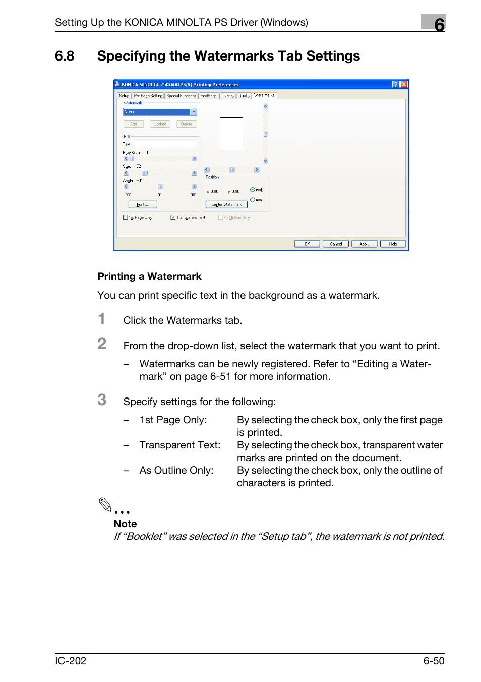 8 specifying the watermarks tab settings, Specifying the watermarks tab settings -50, Printing a watermark -50 | Konica Minolta bizhub 750 User Manual | Page 246 / 420