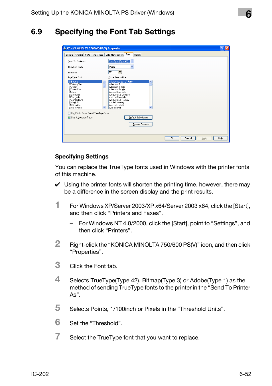 9 specifying the font tab settings, Specifying the font tab settings -52, Specifying settings -52 | Konica Minolta bizhub 750 User Manual | Page 248 / 420