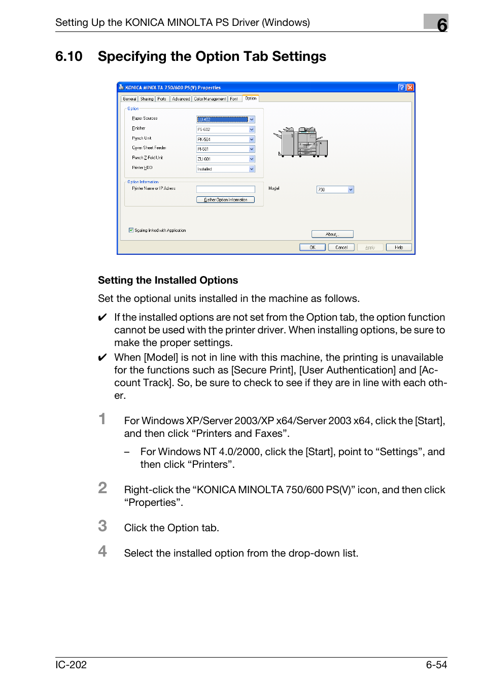 10 specifying the option tab settings, Specifying the option tab settings -54, Setting the installed options -54 | Konica Minolta bizhub 750 User Manual | Page 250 / 420