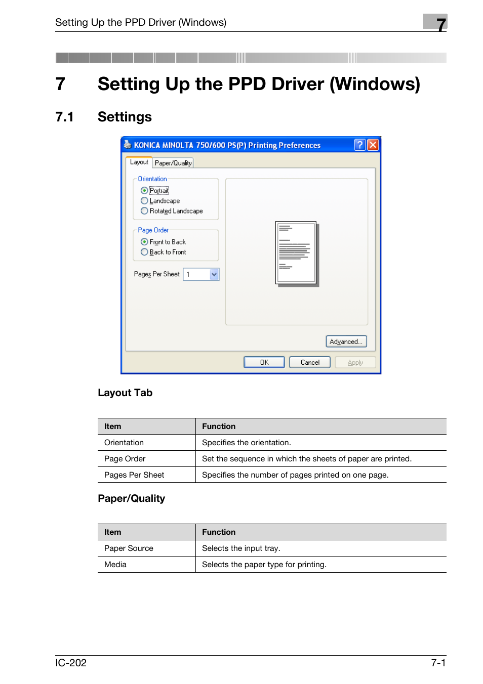 7 setting up the ppd driver (windows), 1 settings, Setting up the ppd driver (windows) | Settings -1, Layout tab -1 paper/quality -1, 7setting up the ppd driver (windows) | Konica Minolta bizhub 750 User Manual | Page 255 / 420