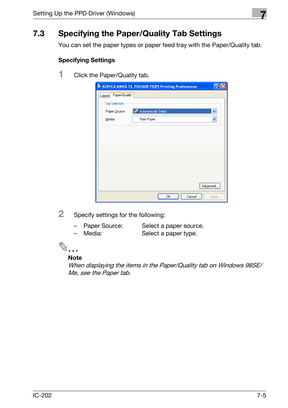 3 specifying the paper/quality tab settings, Specifying the paper/quality tab settings -5, Specifying settings -5 | Konica Minolta bizhub 750 User Manual | Page 259 / 420