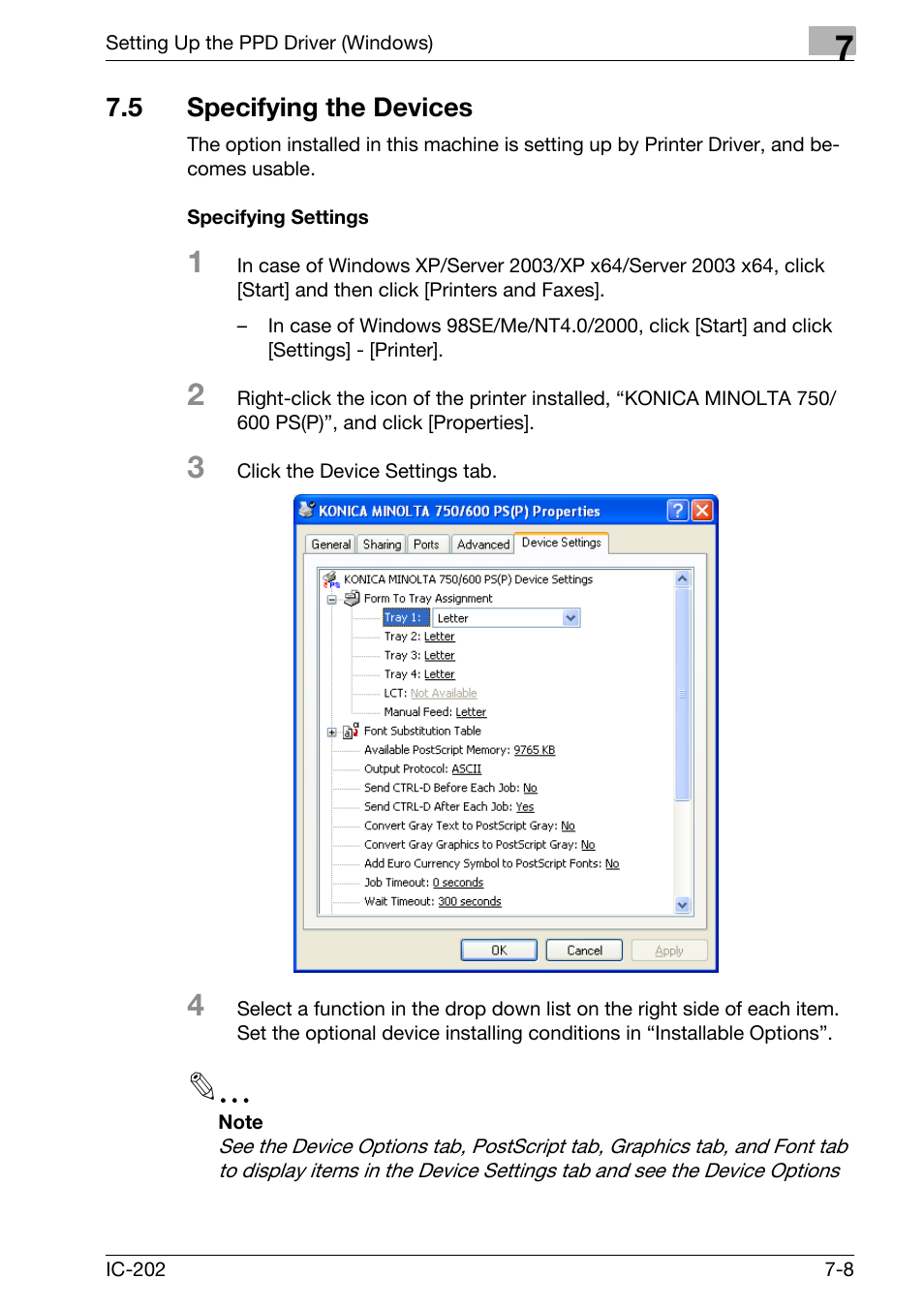 5 specifying the devices, Specifying the devices -8, Specifying settings -8 | Konica Minolta bizhub 750 User Manual | Page 262 / 420