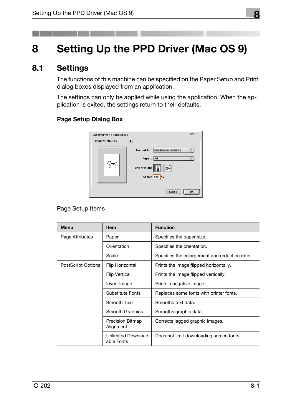 8 setting up the ppd driver (mac os 9), 1 settings, Setting up the ppd driver (mac os 9) | Settings -1, 8setting up the ppd driver (mac os 9) | Konica Minolta bizhub 750 User Manual | Page 264 / 420