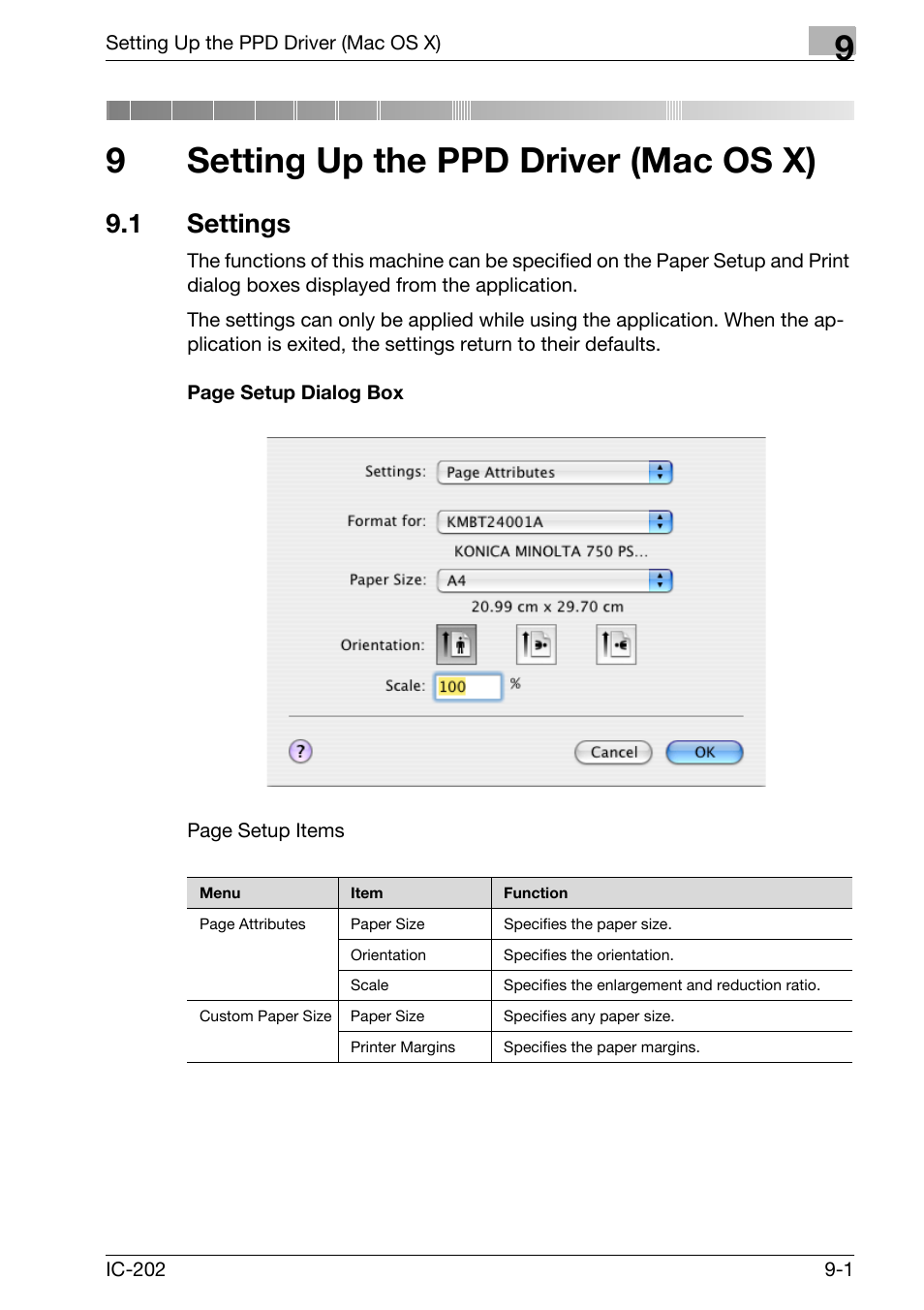 9 setting up the ppd driver (mac os x), 1 settings, Setting up the ppd driver (mac os x) | Settings -1, 9setting up the ppd driver (mac os x) | Konica Minolta bizhub 750 User Manual | Page 277 / 420