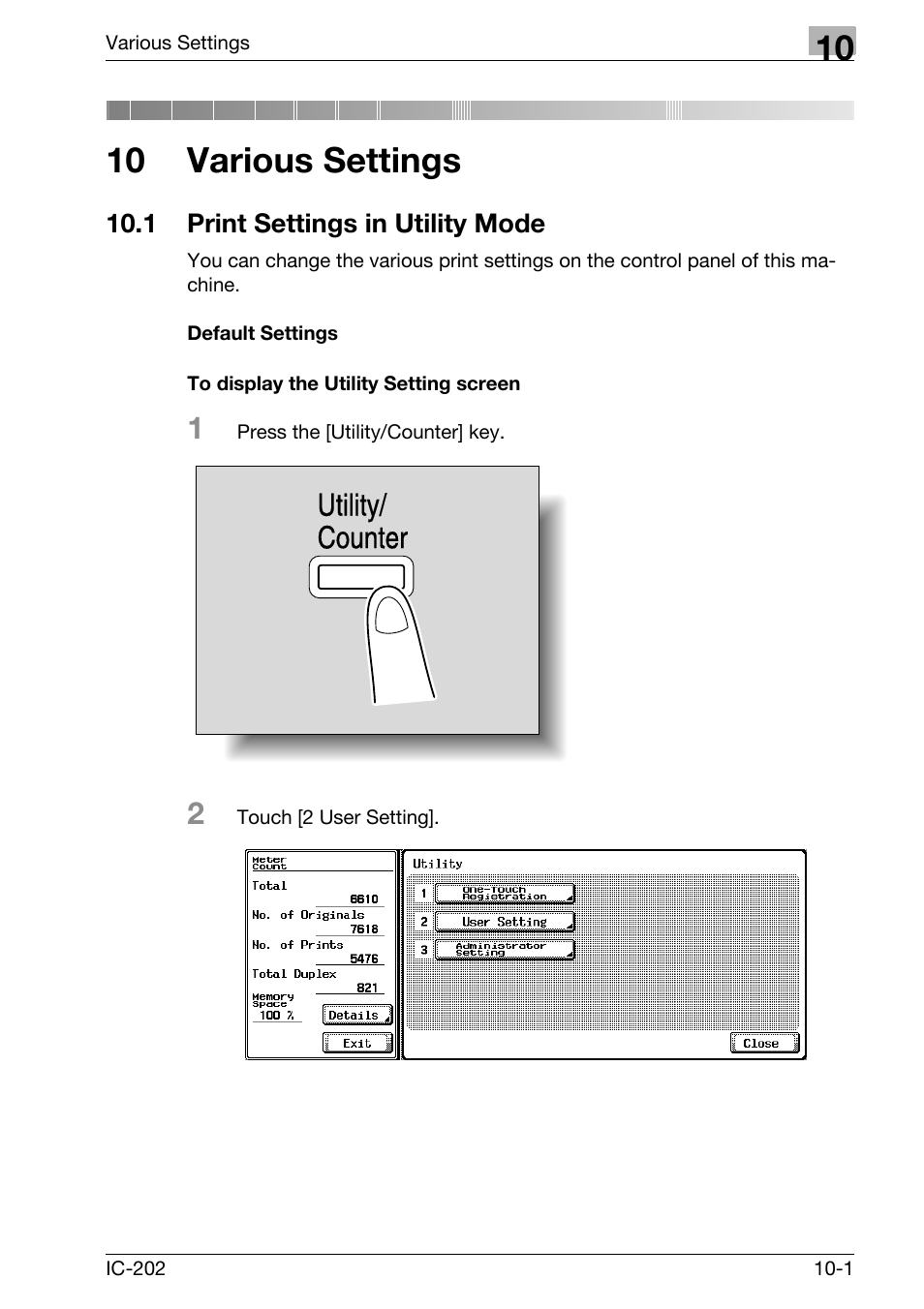 10 various settings, 1 print settings in utility mode, Print settings in utility mode -1 | Utility/ counter | Konica Minolta bizhub 750 User Manual | Page 295 / 420