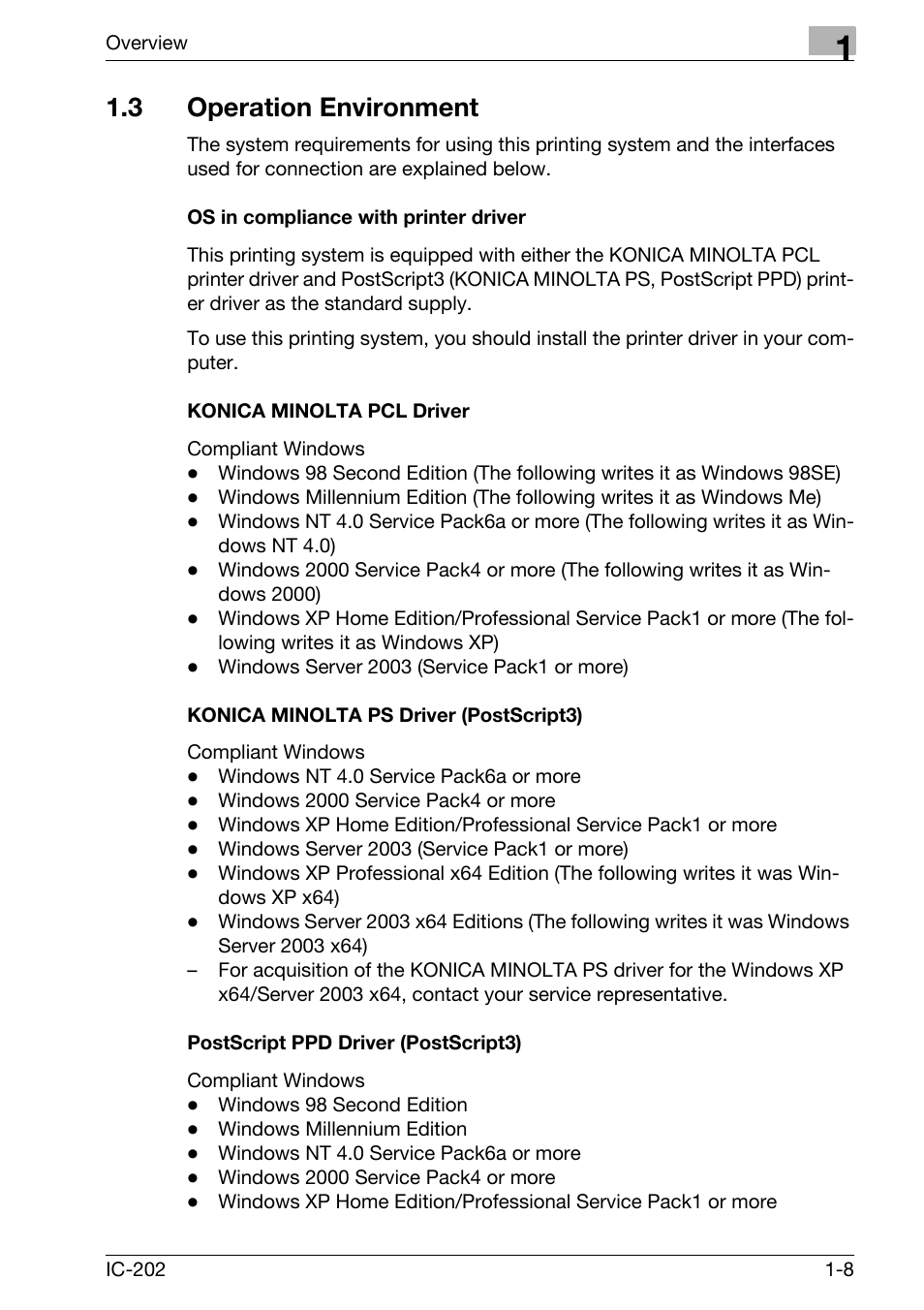 3 operation environment, Operation environment -8 | Konica Minolta bizhub 750 User Manual | Page 30 / 420