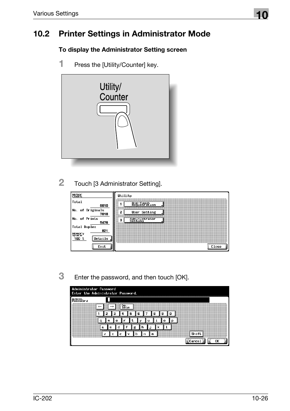 2 printer settings in administrator mode, Printer settings in administrator mode -26, To display the administrator setting screen -26 | Utility/ counter | Konica Minolta bizhub 750 User Manual | Page 320 / 420