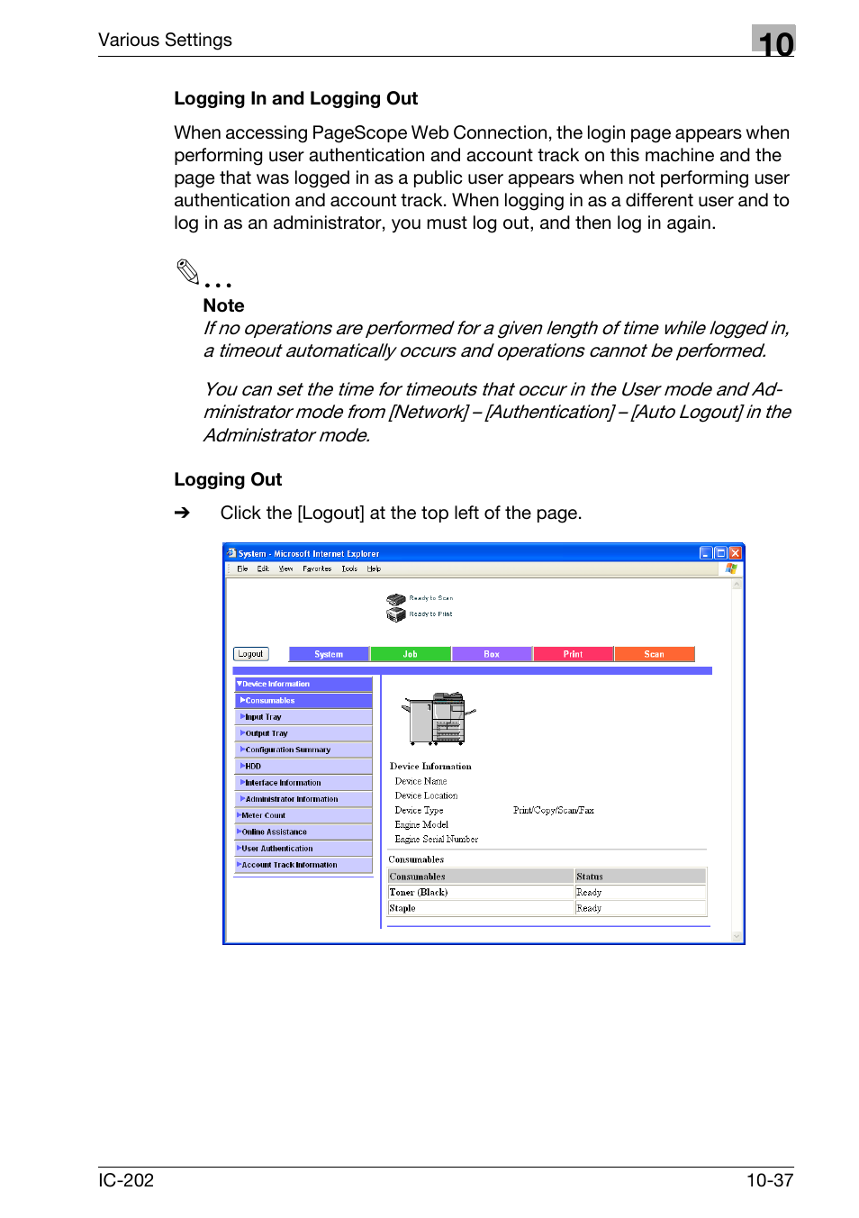 Logging in and logging out -37 logging out -37 | Konica Minolta bizhub 750 User Manual | Page 331 / 420