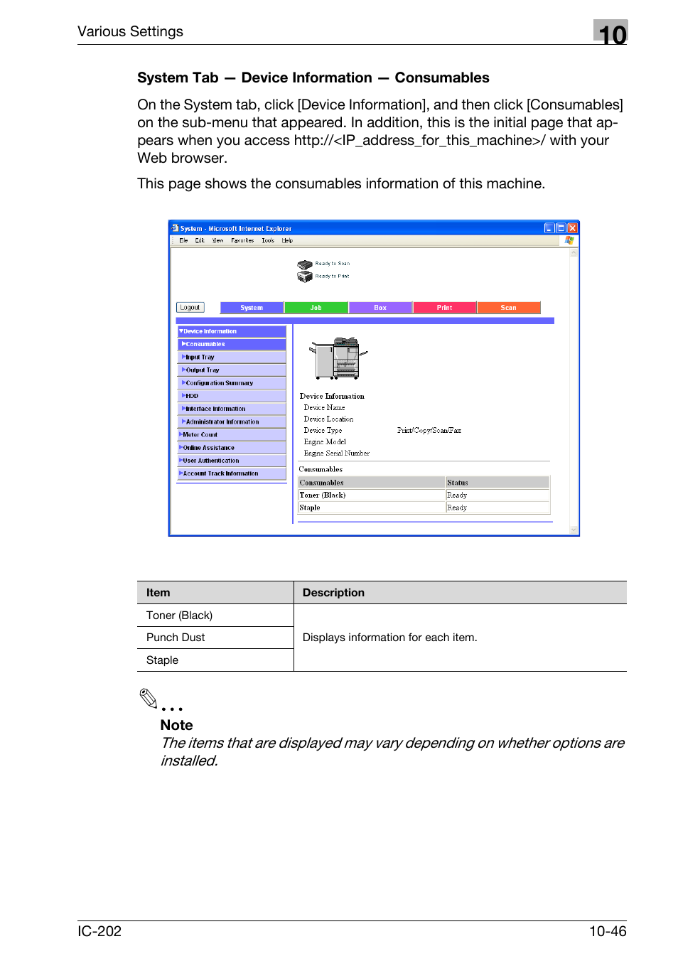 System tab — device information — consumables -46 | Konica Minolta bizhub 750 User Manual | Page 340 / 420