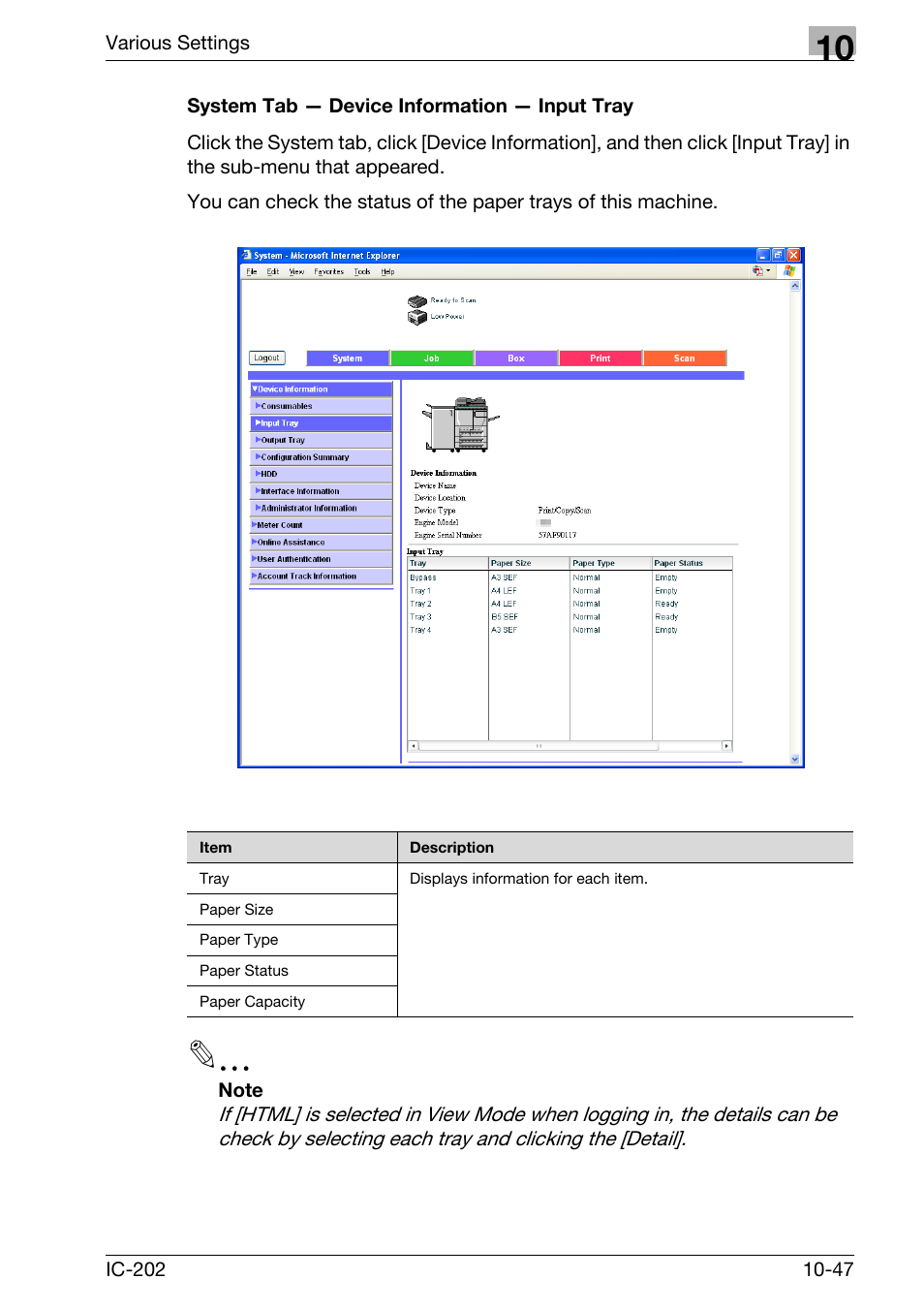 System tab — device information — input tray -47 | Konica Minolta bizhub 750 User Manual | Page 341 / 420