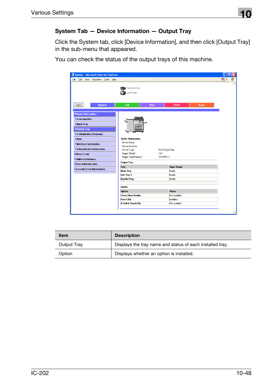 System tab — device information — output tray -48 | Konica Minolta bizhub 750 User Manual | Page 342 / 420