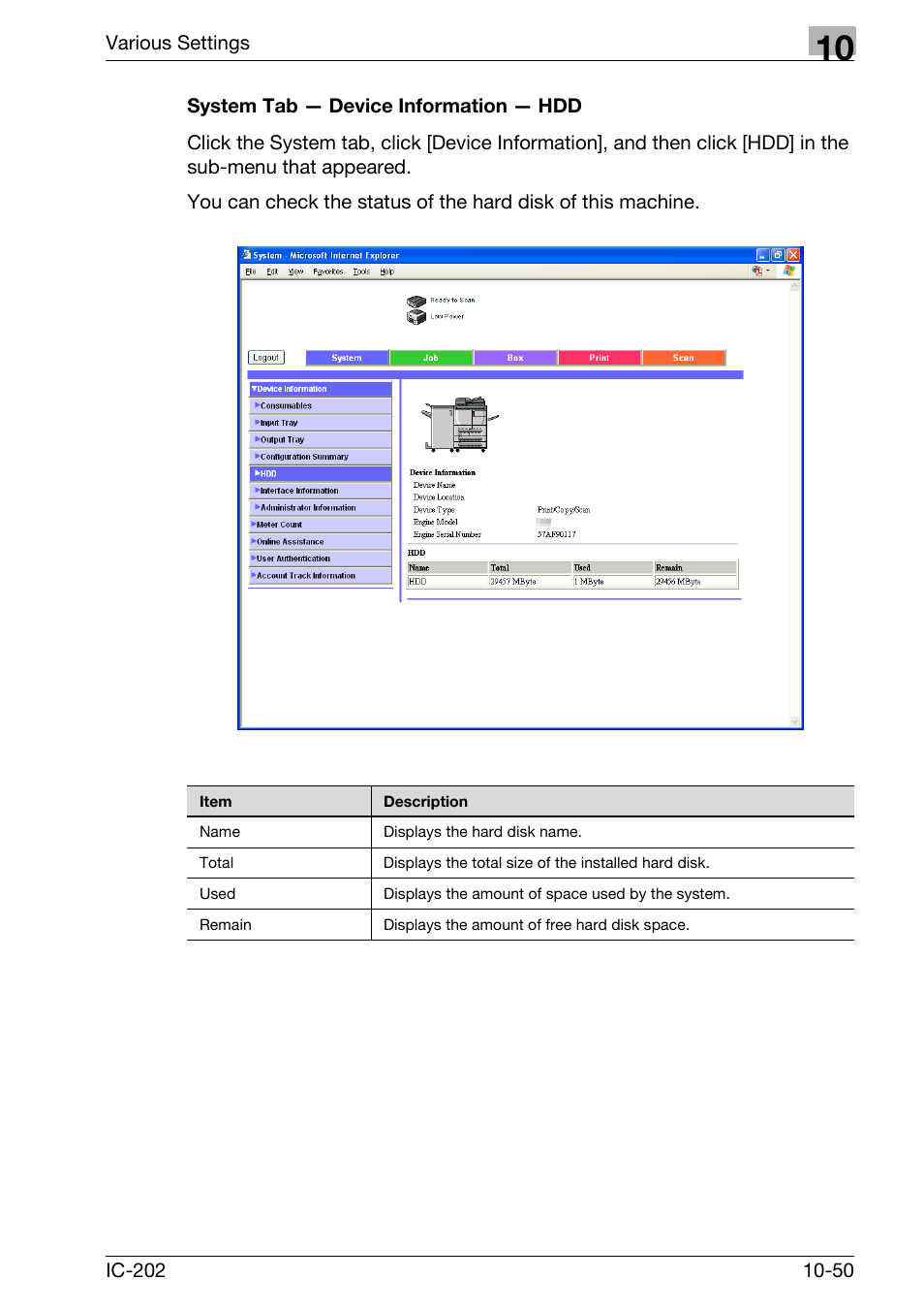 System tab — device information — hdd -50 | Konica Minolta bizhub 750 User Manual | Page 344 / 420