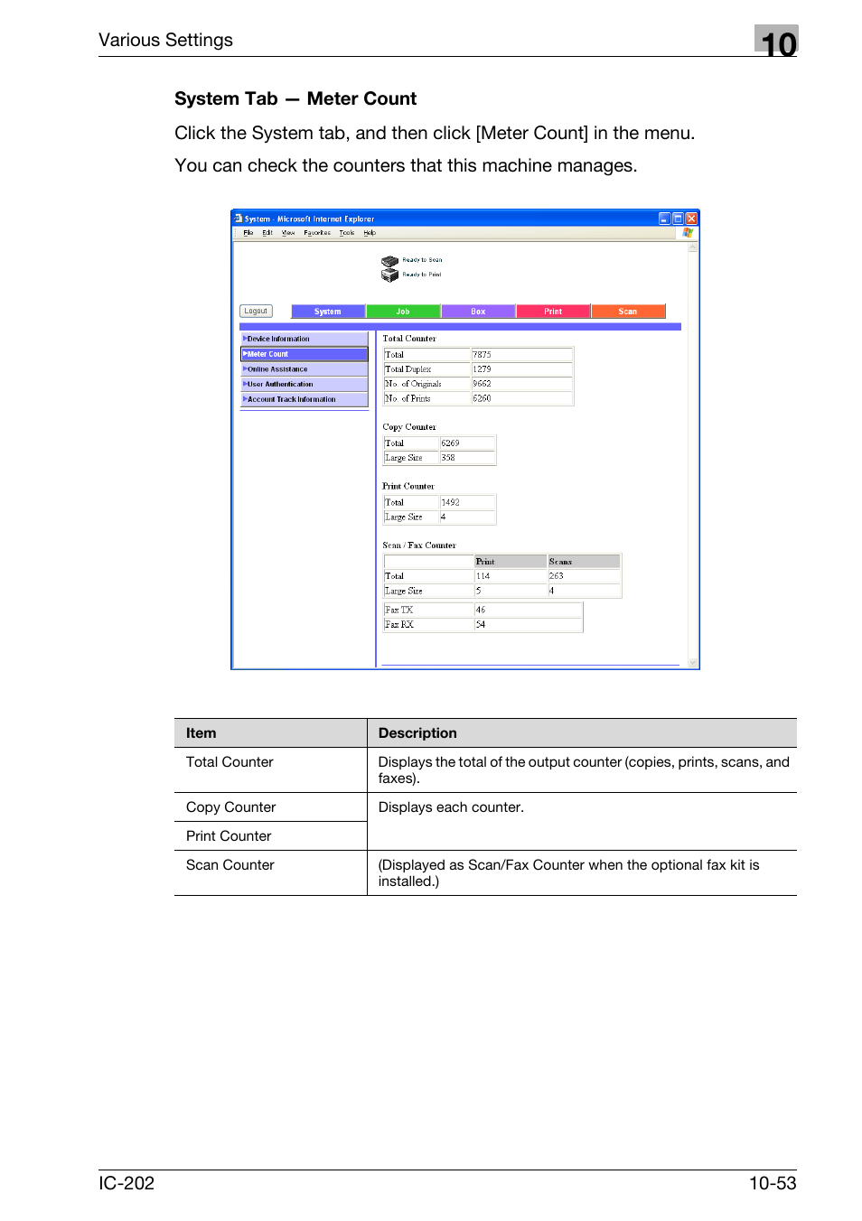 System tab — meter count -53 | Konica Minolta bizhub 750 User Manual | Page 347 / 420