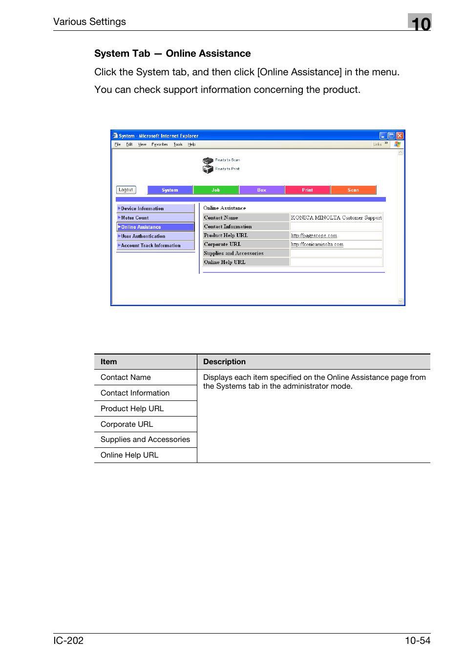 System tab — online assistance -54 | Konica Minolta bizhub 750 User Manual | Page 348 / 420