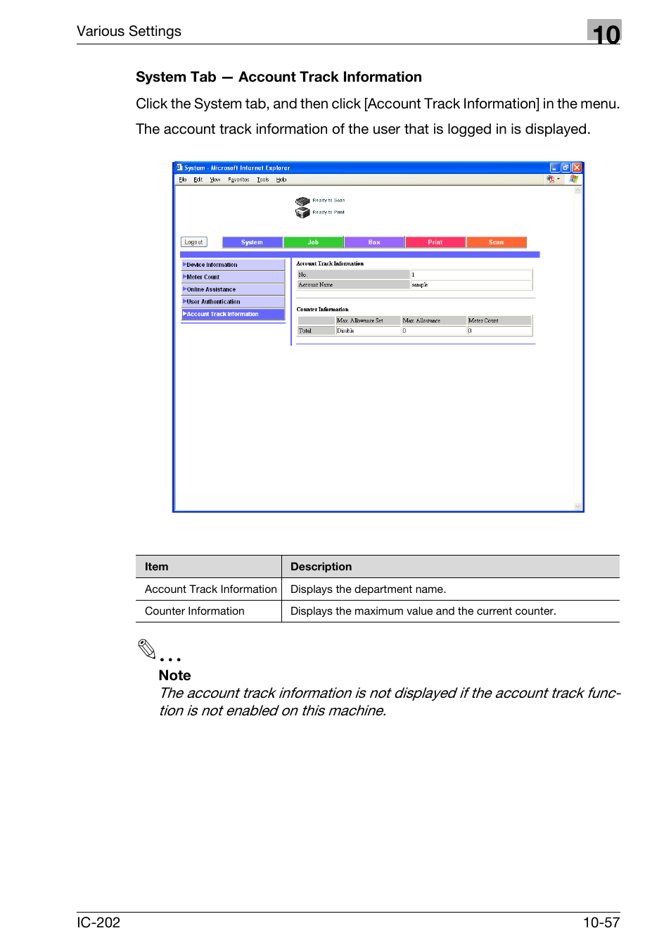 System tab — account track information -57 | Konica Minolta bizhub 750 User Manual | Page 351 / 420