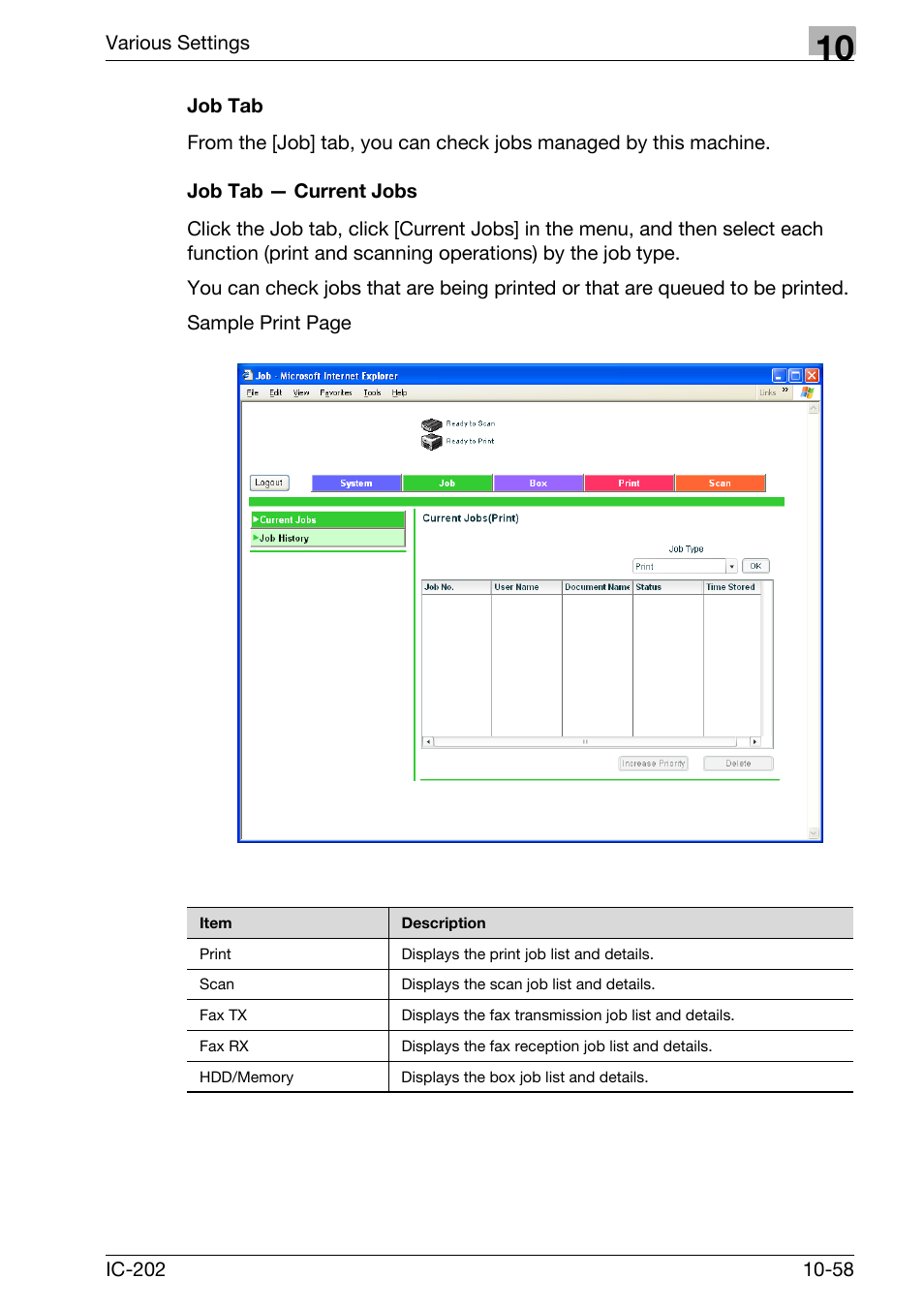 Job tab -58 job tab — current jobs -58 | Konica Minolta bizhub 750 User Manual | Page 352 / 420