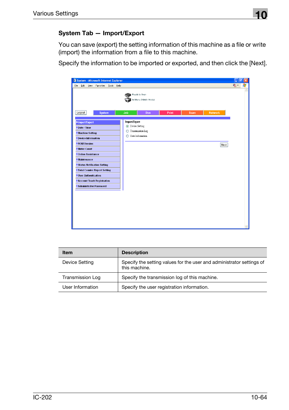 System tab — import/export -64 | Konica Minolta bizhub 750 User Manual | Page 358 / 420