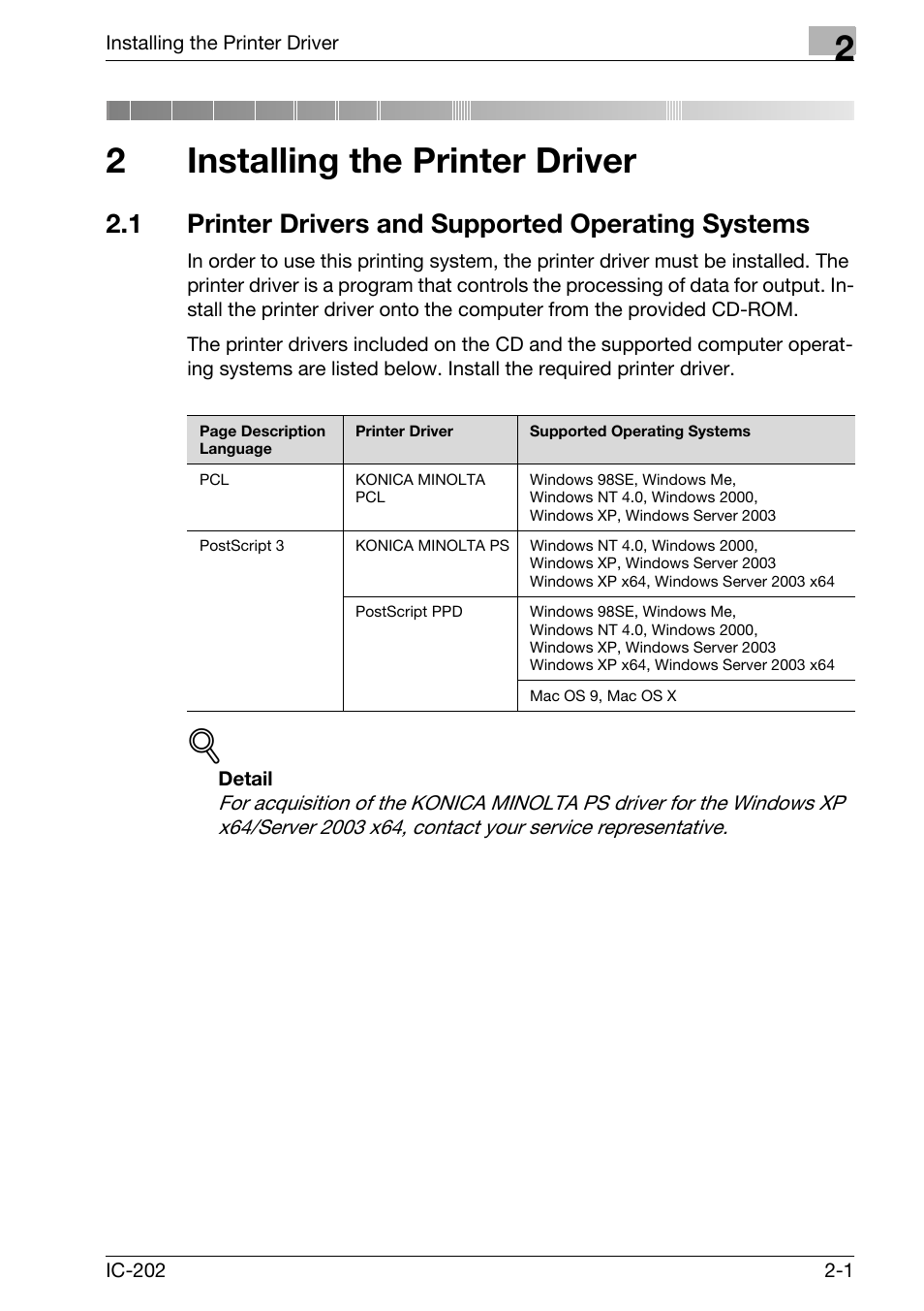 2 installing the printer driver, 1 printer drivers and supported operating systems, Installing the printer driver | Printer drivers and supported operating systems -1, 2installing the printer driver | Konica Minolta bizhub 750 User Manual | Page 36 / 420