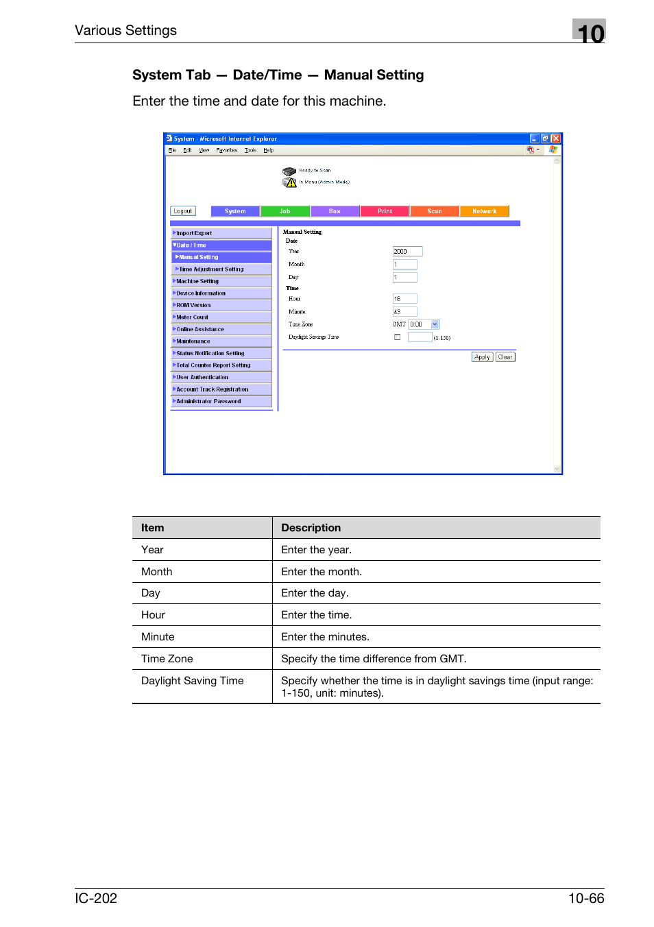 System tab — date/time — manual setting -66 | Konica Minolta bizhub 750 User Manual | Page 360 / 420