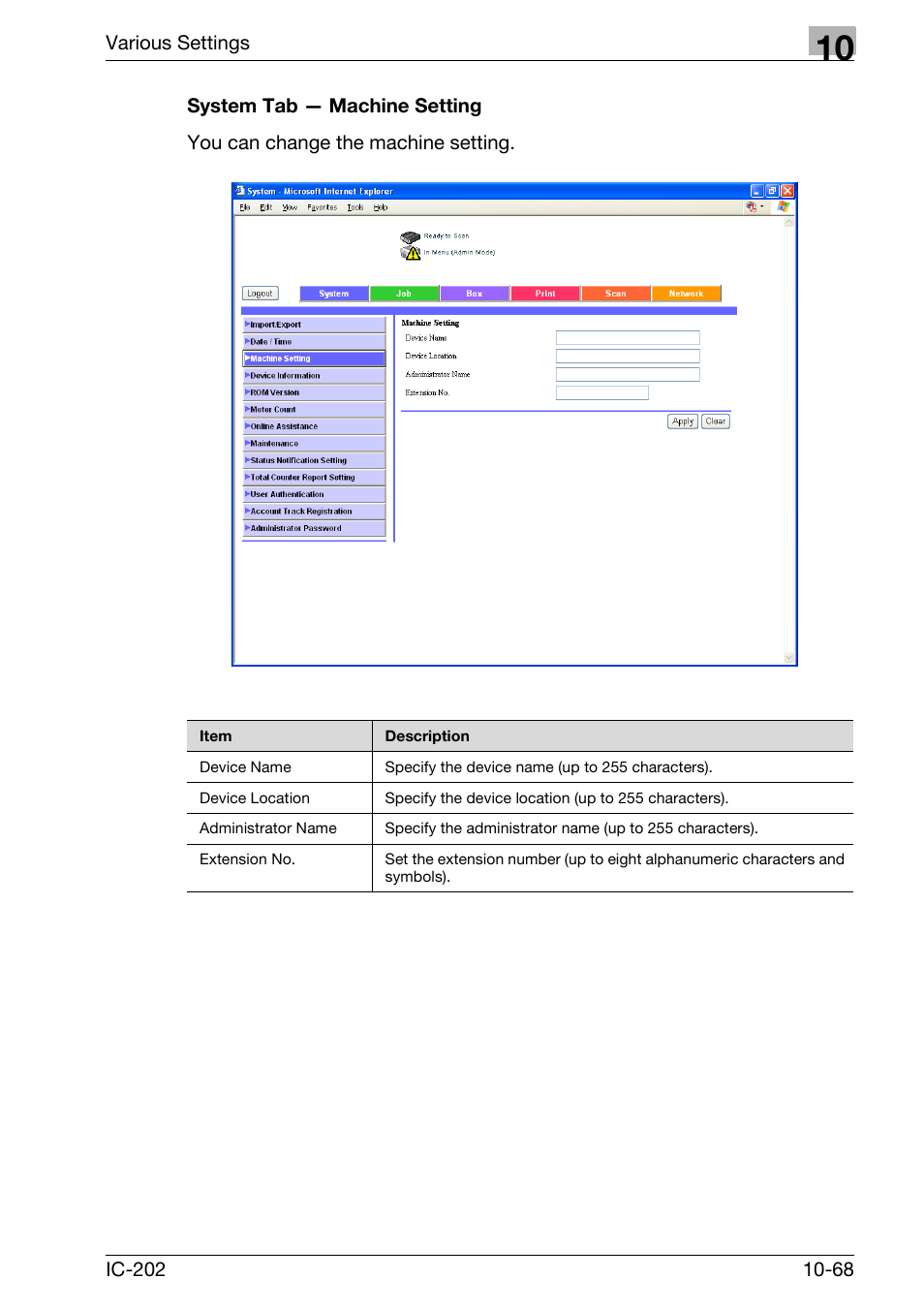 System tab — machine setting -68 | Konica Minolta bizhub 750 User Manual | Page 362 / 420