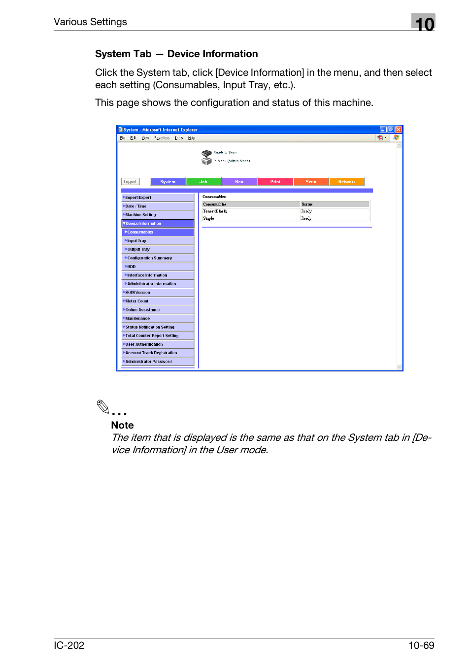 System tab — device information -69 | Konica Minolta bizhub 750 User Manual | Page 363 / 420