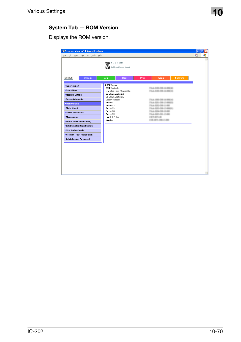 System tab — rom version -70 | Konica Minolta bizhub 750 User Manual | Page 364 / 420