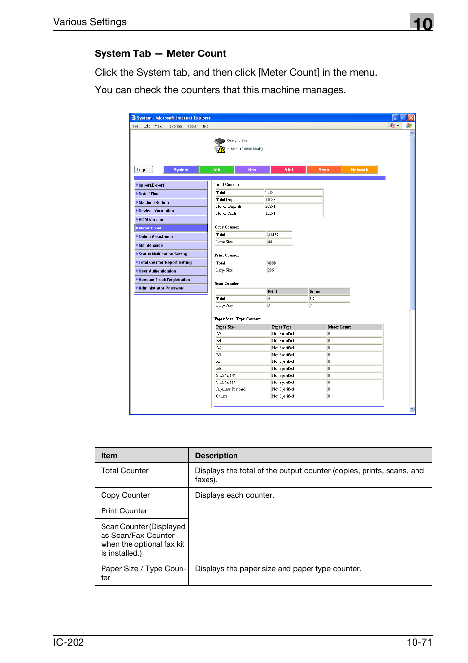 System tab — meter count -71 | Konica Minolta bizhub 750 User Manual | Page 365 / 420