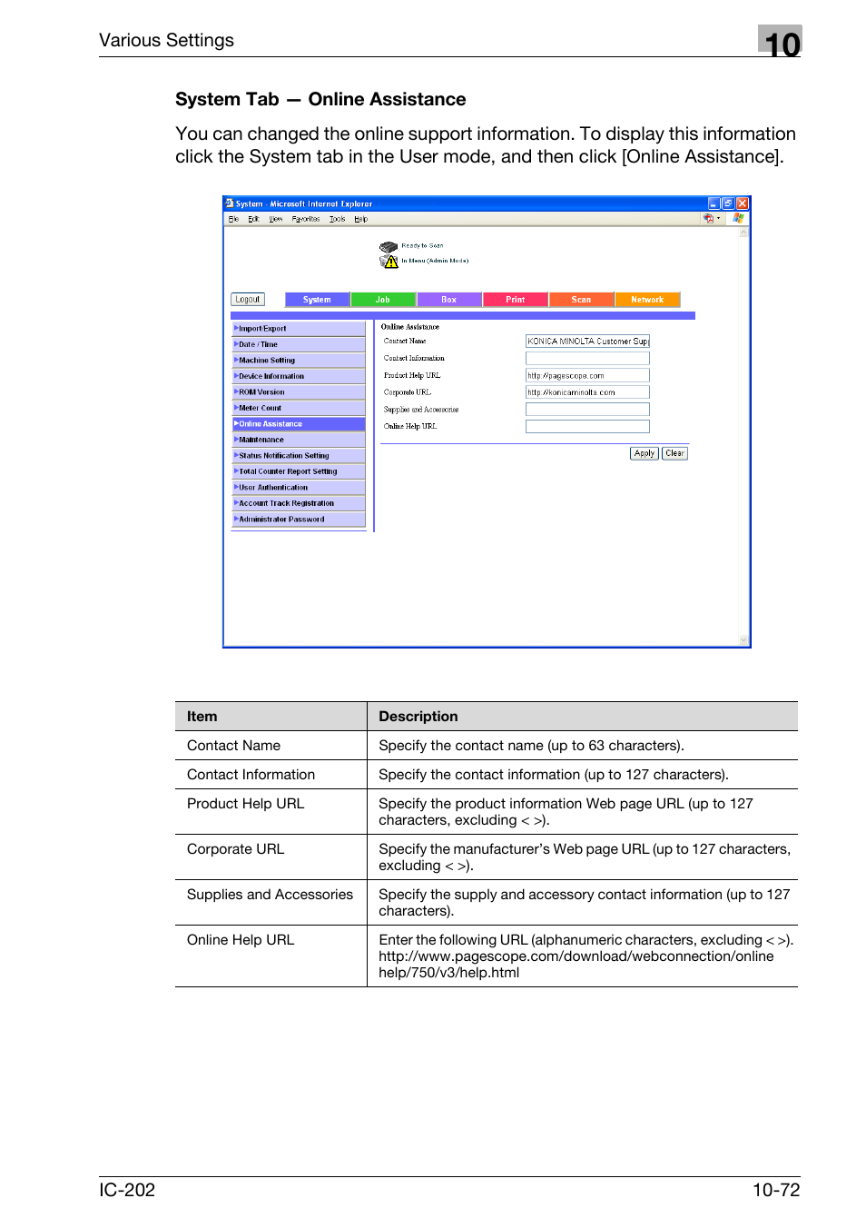 System tab — online assistance -72 | Konica Minolta bizhub 750 User Manual | Page 366 / 420