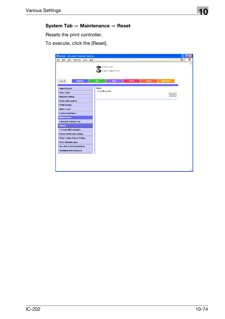 System tab — maintenance — reset -74 | Konica Minolta bizhub 750 User Manual | Page 368 / 420